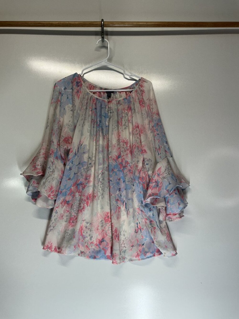 Chaps Floral Chiffon Blouse Women's XXL Pink Blue Ruffle Sleeve Sheer Blouse - Picture 2 of 16